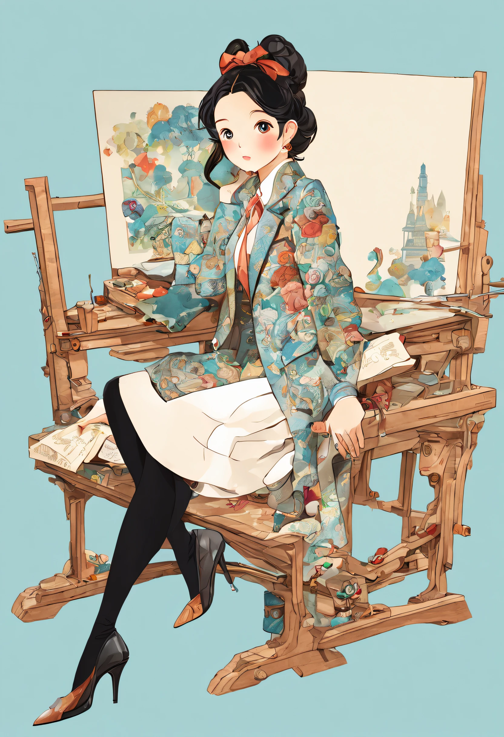 Full body photo sticker of a beautiful woman sitting and working on a wooden chair、Black tights、extremely detailed beautiful face、Kim Jung-gi、liberta、souls、digitial illustration、comic book style、Approaching perfection、Dynamic、art  stations、concept-art、Smooth and sharp focus、illustratio、Art by Carne Griffith and Wadimukasin(​masterpiece、 top-quality、top-quality、Official Art、Beautifully Aesthetic:1.2)、(1girl in:1.3)、ighly detailed、(Fractal art:1.2)、colourfull、highestdetailed、(Zentangle:1.2)、(Simple background:1.5)、(Business suits:1.2)、(shinny skin)、​masterpiece、top-quality、hightquality、hight resolution、16K、RAW、超A high resolution、The ultra-detailliert、detaile、extremely delicate and beautiful、A highly detailed、real shadow、animesque、Award-winning glamour painting、Amazing painting、Art styles、Stylization、