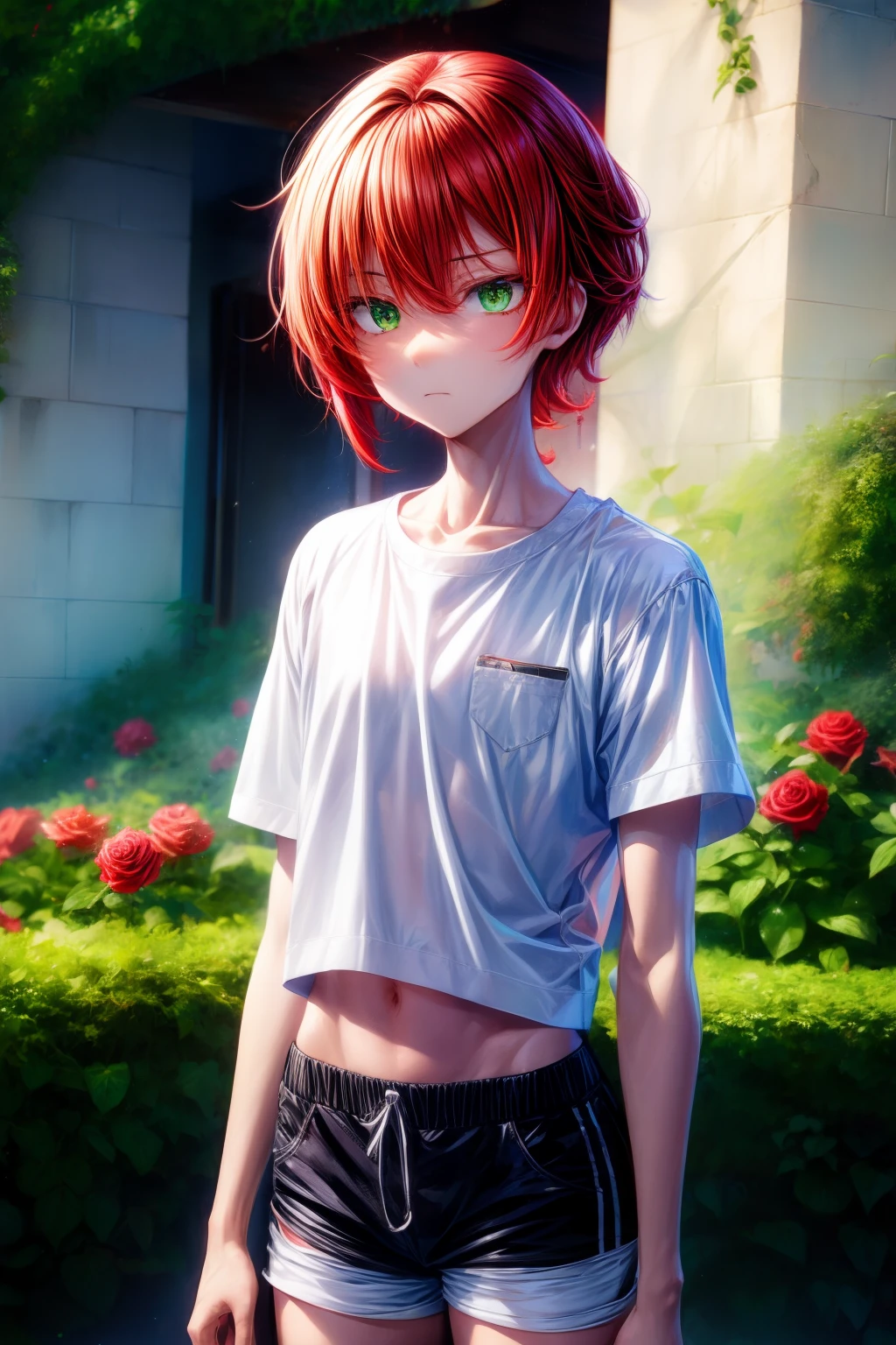 Best quality, 超高分辨率, 1 boy, Red hair, Green eyes, short and thin body, wearing a white shirt and shorts, ((shyexpression)), Rose garden