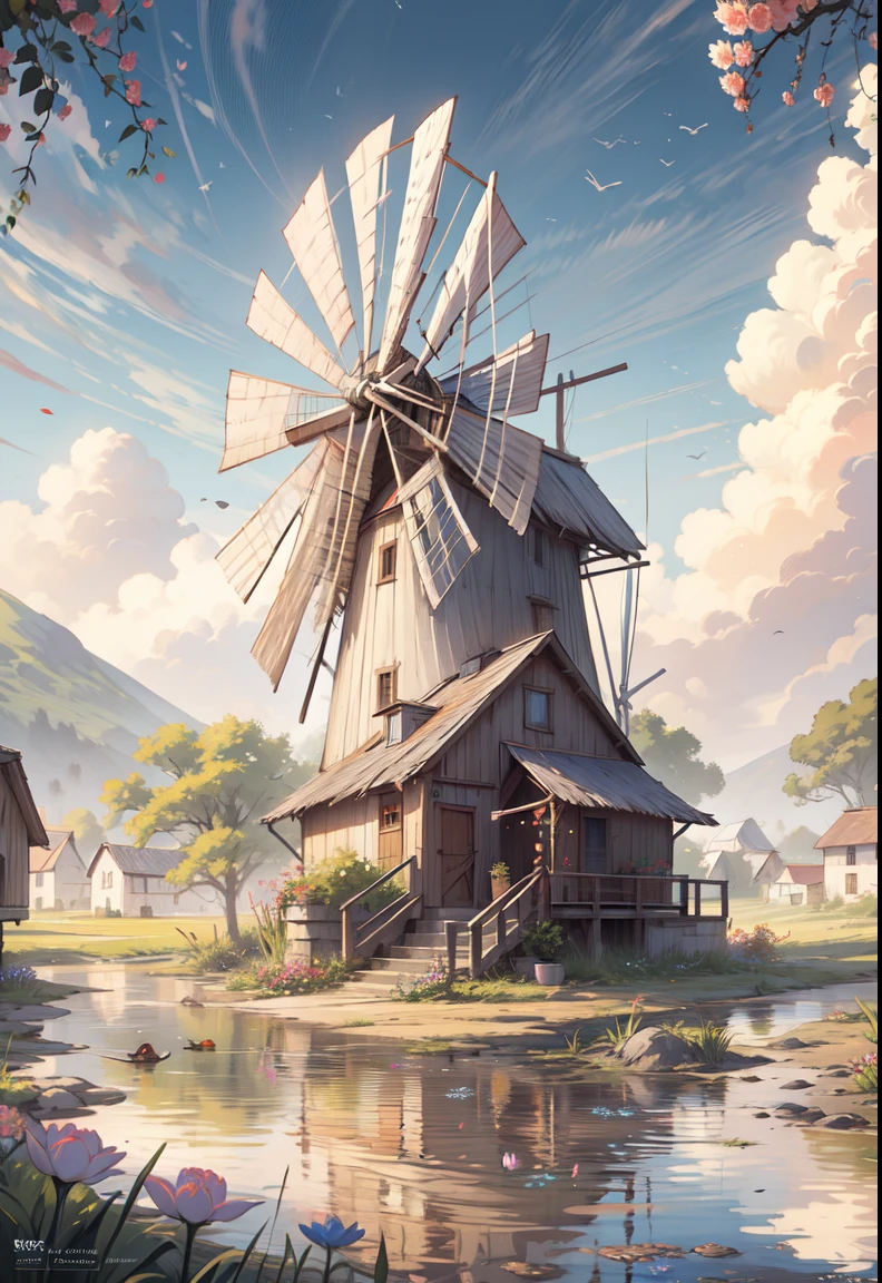 painting of a beautiful farm,with lots of flowers,lush greenery,a pond, water reflection, ((beautiful windmill)),((duck ))roaming around pond,barn beside windmill,sunkissed image,flowers, beautiful art uhd 4 k, a beautiful artwork illustration, beautiful digital painting, highly detailed digital painting, beautiful digital artwork, a bustling magical town,farmer village, countryside Mediterranean village, detailed painting 4 k, ,windmill, village, very detailed digital painting, rich picturesque colors, gorgeous digital painting