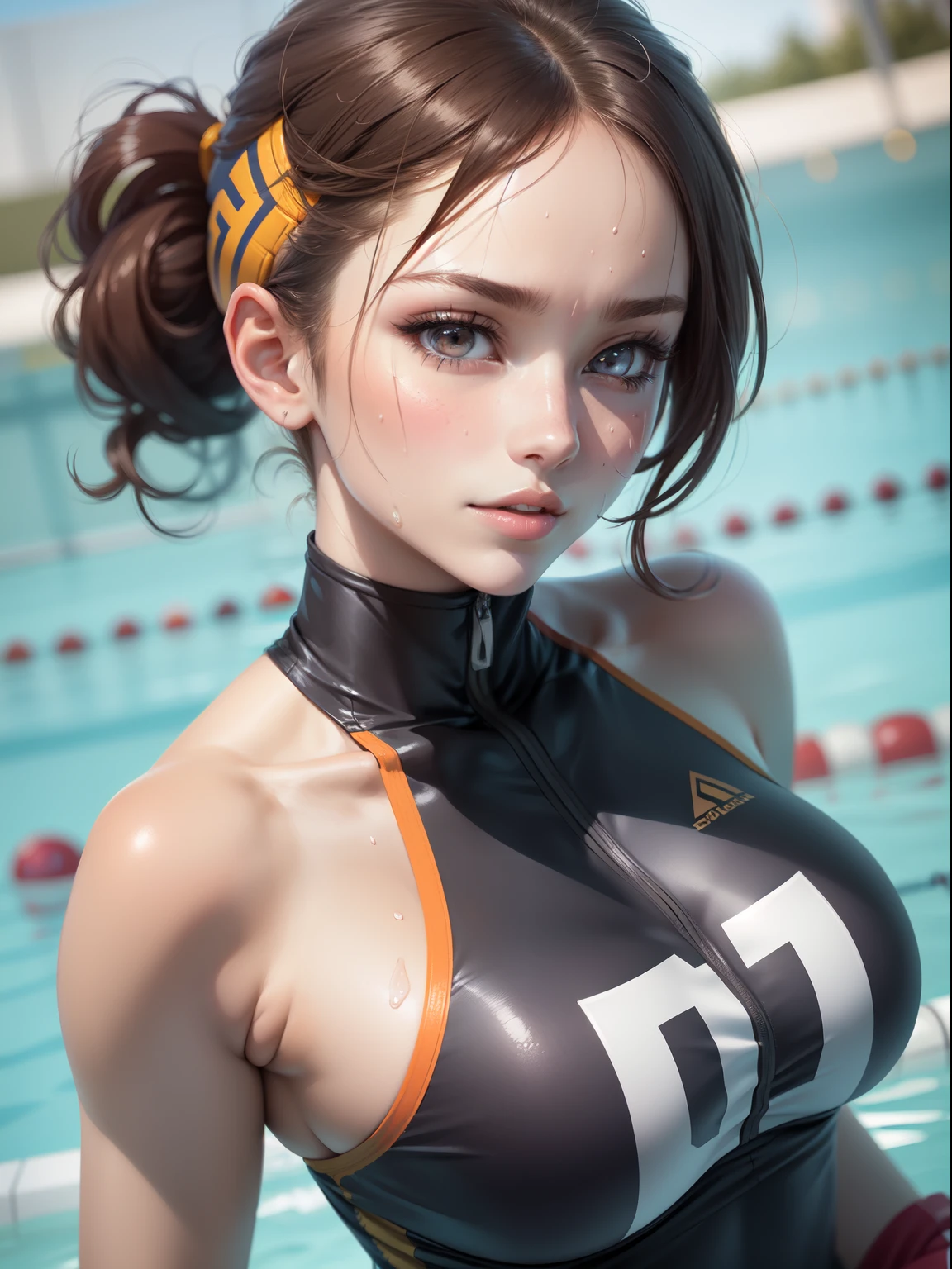 Best Quality, masutepiece, High resolution, (Anime Heroine Illustration), Anime Paint, 1beautiful girl ,Dynamic Angle,Female Water Polo Players,small head,Large breasts,Smart body, Glowing skin, Sweat,At the water polo venue ,(Detailed beautiful face:1.4),detailed skins,Detailed eyes,detailed hairs,