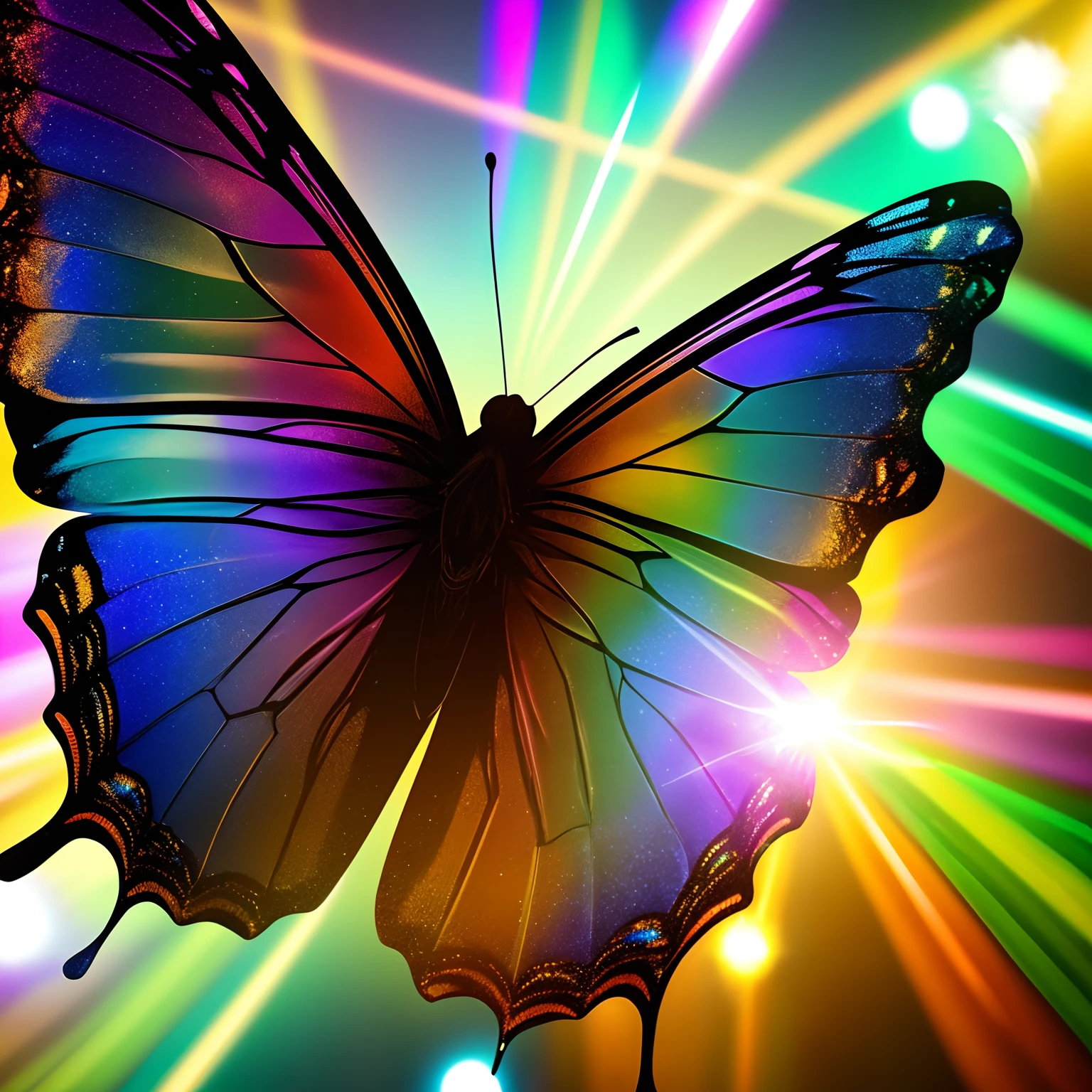 super high quality, (8k, RAW photo, realistic), detailed and delicate depiction and flashy and dynamic painting method, the most beautiful iridescent butterfly in the world, unimaginable, (lens flare:1.3), dancing gold dust, blurry background black, fantasy