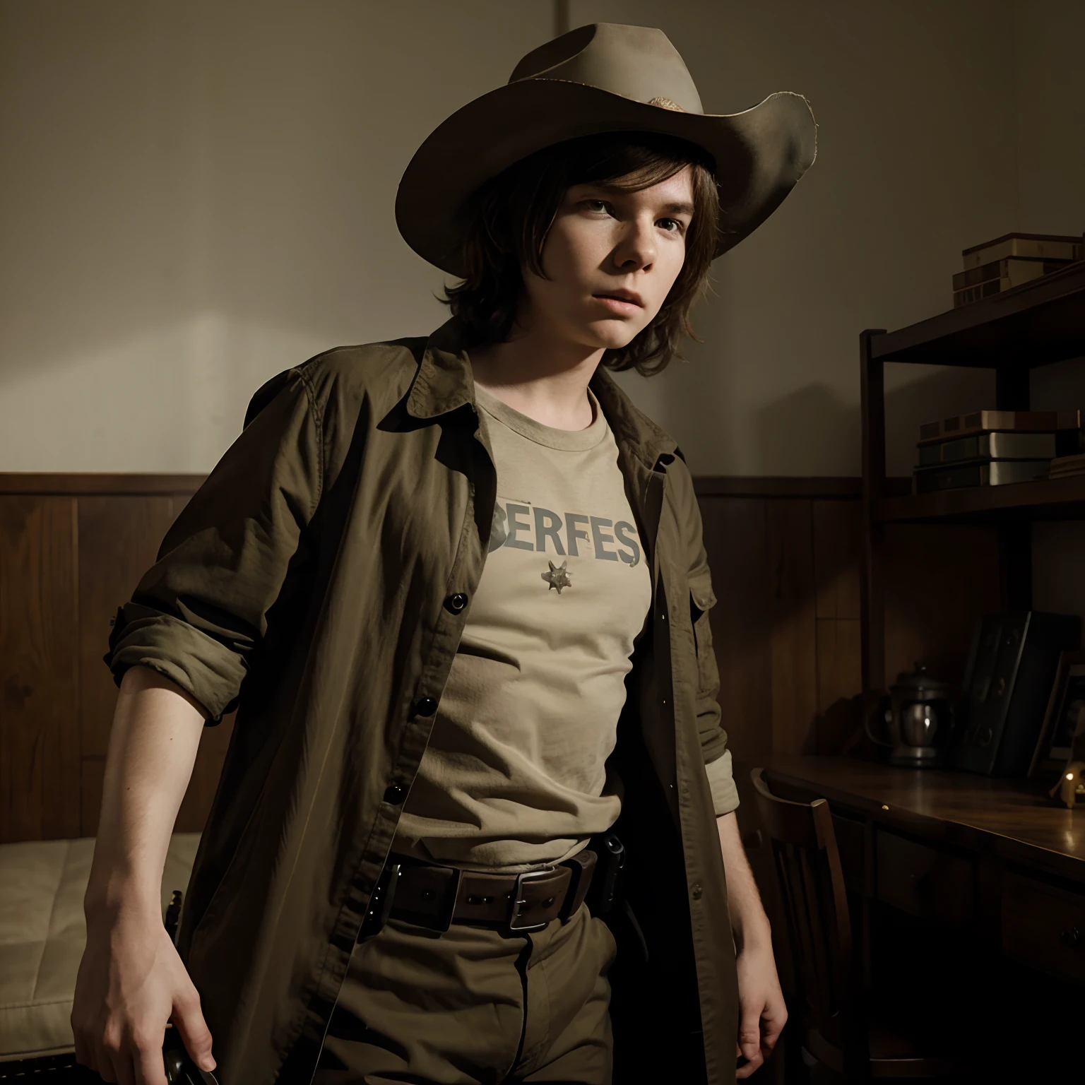 chandler riggs as carl grimes in a sheriff outfit