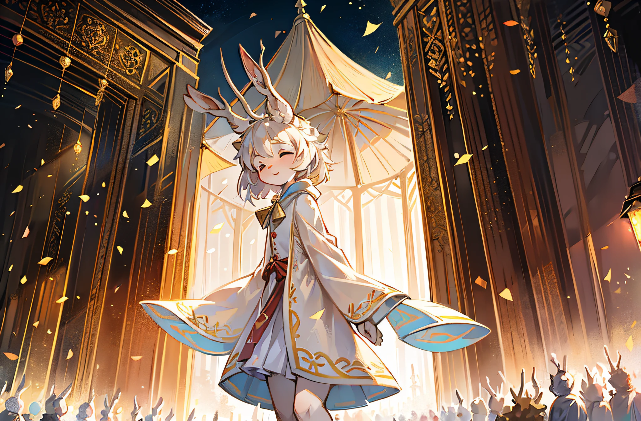 A white deer,deer antlers,Pavilion,White robe,Holding a golden umbrella,Shota,adolable,crowd of,face to the viewer,having fun,Close your eyes,eventide,flowing robe,gentleness,Green ornamentation
