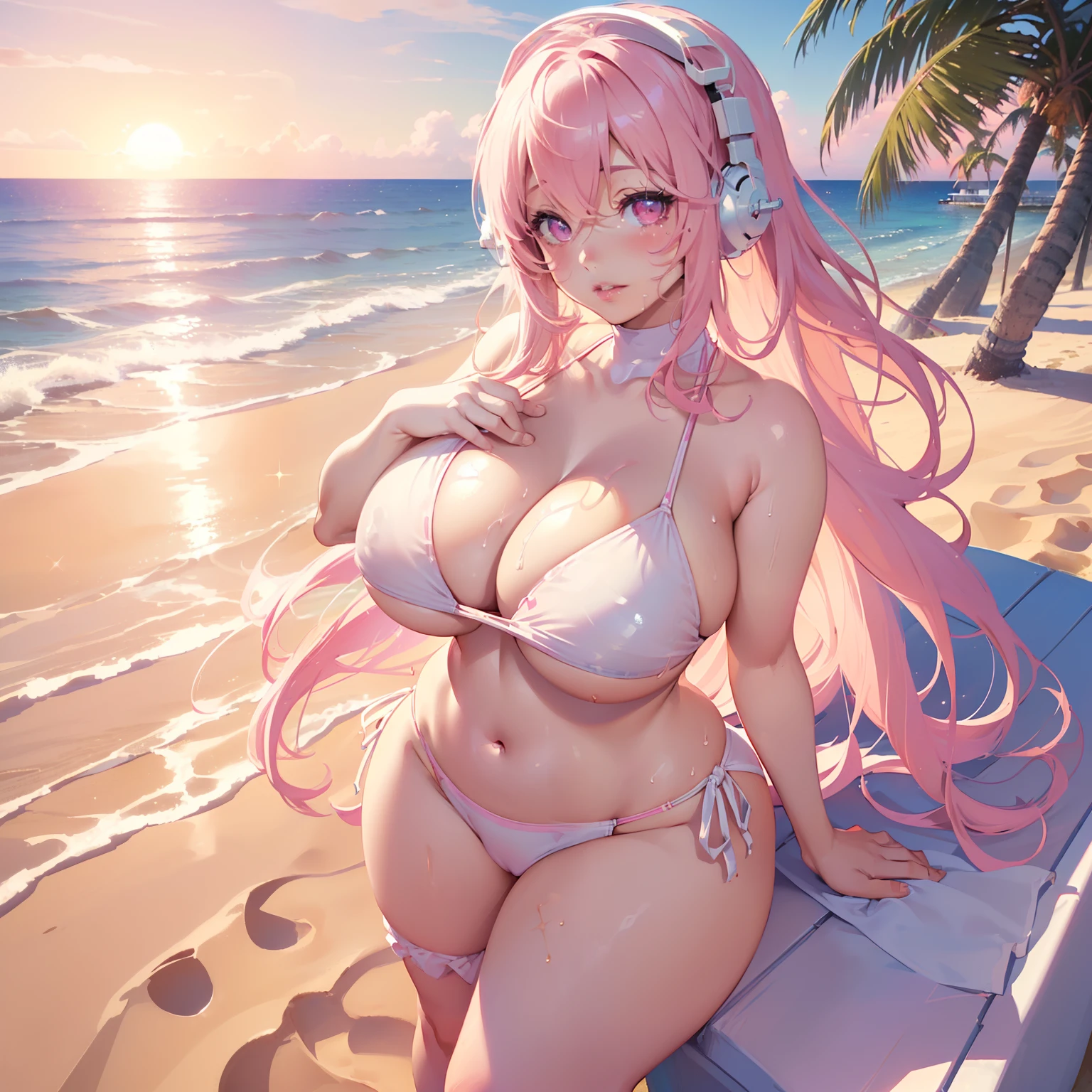 (((((Solo))))), Super Sonico, Girl with straight light pink hair, ((dark pink eyes)), ((full lips)), (((BIG chest))), (((curvy hips))), ((beautiful legs)), ((wearing a white headset)), (((wearing a white 2 piece bikini))), (covered in sticky liquid, ((at a beach house)), ((sunset)) ((sitting in the sand)), ((beautiful sparkling eyes)), (sexy pose)