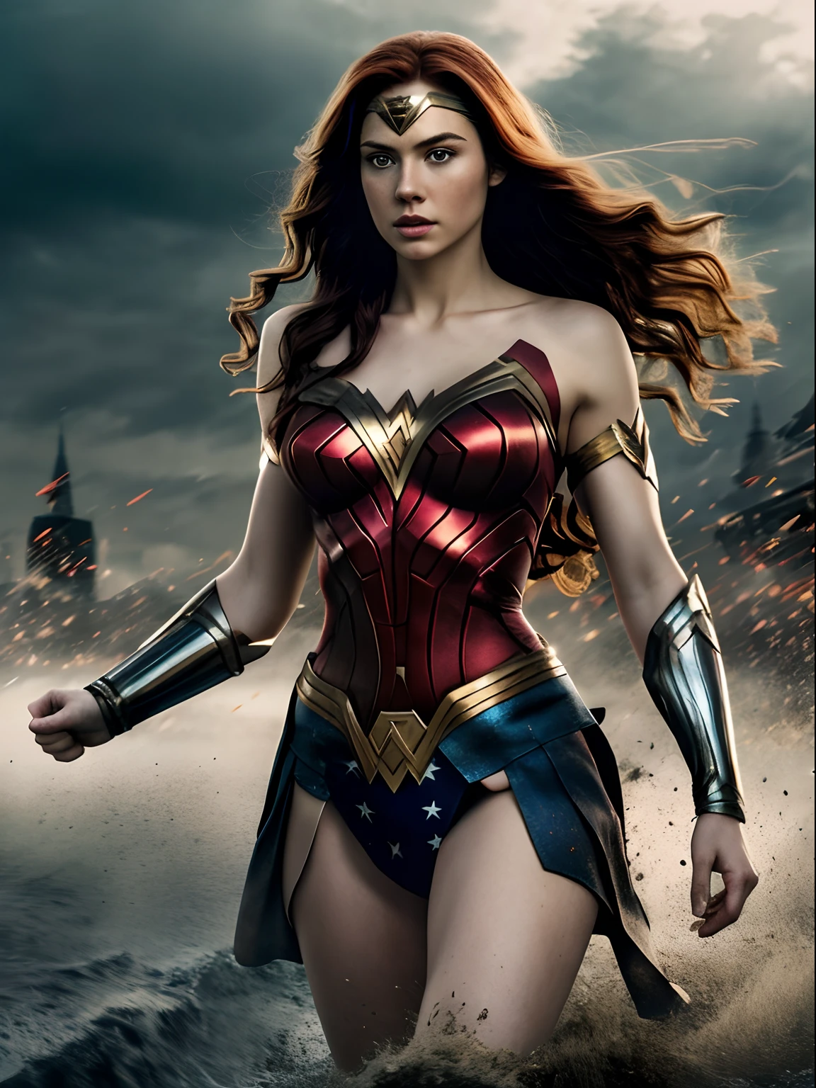 1girl in, 19, Solo, Aesthetic artwork, irish  redhead, wavy ginger hair, shoulder length ginger hair, light grey eyes, some small freckles, pale skin, (B-cup, medium breasts), runners body, (textured skin, skin pores:1.1), (moles:0.8), imperfect skin, goosebumps, wearing Wonder woman costume, DC costume Wonder woman, dark city background, very background, (action shot, flying, 1.25), (extremely detailed 8k wallpaper), (hard lighting), high quality, film grain, Fujifilm XT3 sharp focus, f 5.6, 50mm, High Detail, Sharp focus, (natural light), crazy details, complex details, hyperdetailed