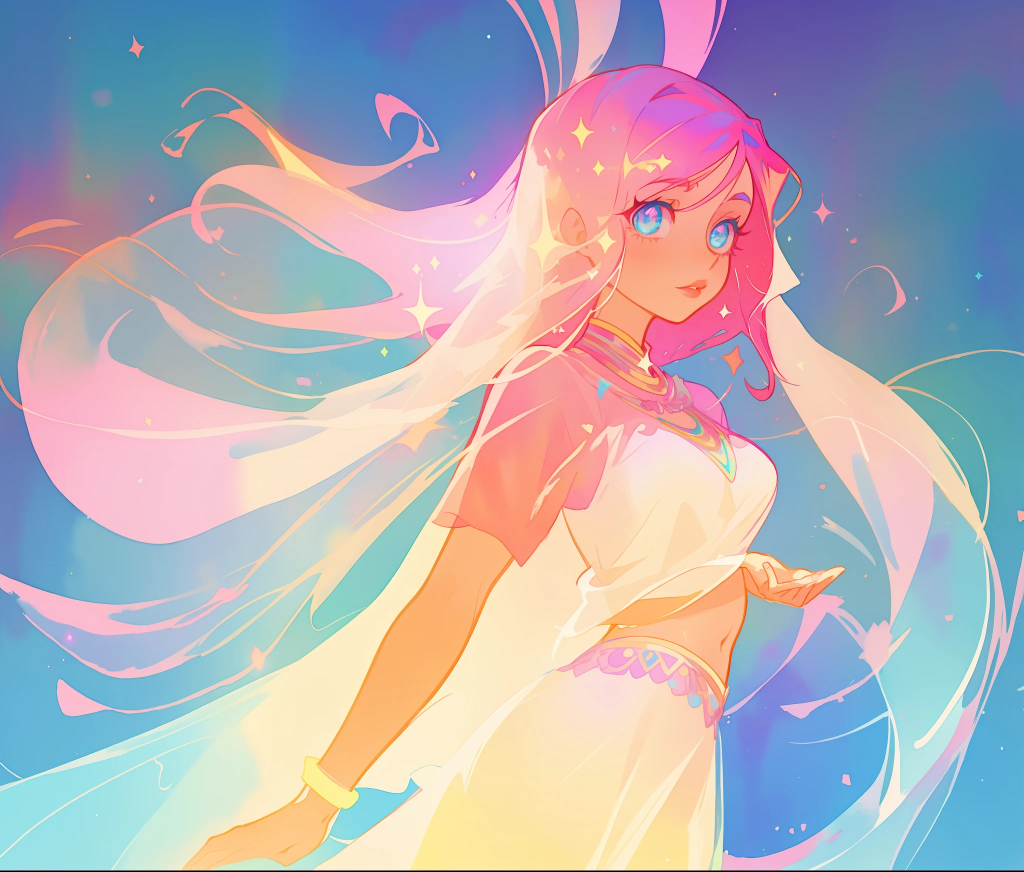 beautiful girl in white two piece dress, arabian dancer dress, long colorful sparkling pink hair, watercolor illustration, Lois van Baarle, glowing aura around her, Glen Keane, jen bartel, glowing hair, beautiful digital illustration, fantasia background, beautiful, masterpiece, best quality, anime disney style, (detailed eyes)