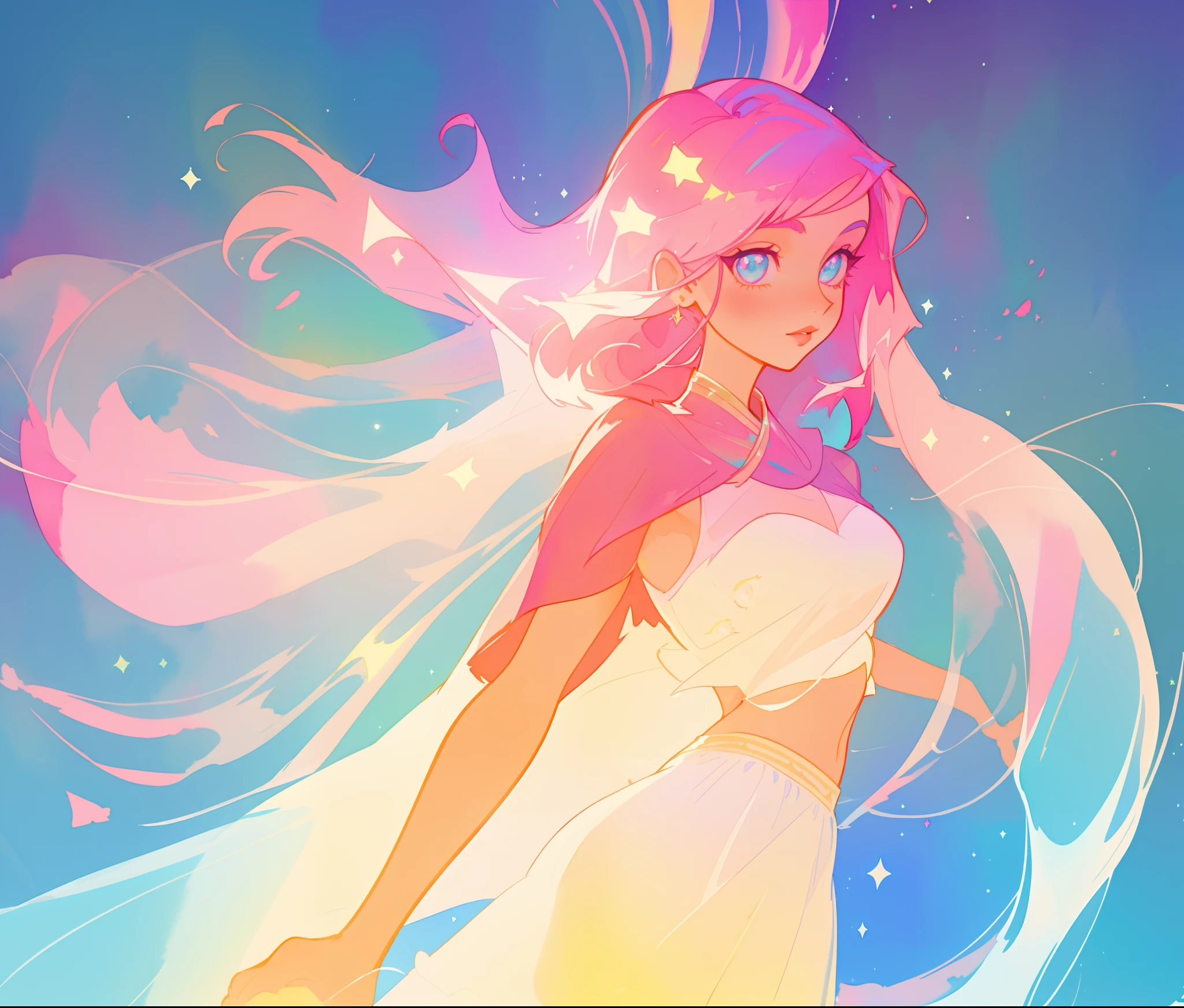 beautiful girl in white two piece dress, arabian dancer dress, long colorful sparkling pink hair, watercolor illustration, Lois van Baarle, glowing aura around her, Glen Keane, jen bartel, glowing hair, beautiful digital illustration, fantasia background, beautiful, masterpiece, best quality, anime disney style, (detailed eyes)