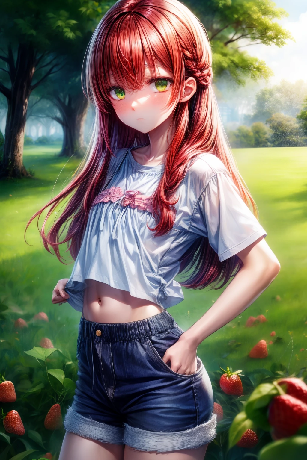 Best quality, 超高分辨率, 1 boy, Red hair, Green eyes, short and thin body, wearing a white shirt and shorts, ((shyexpression)), strawberry field