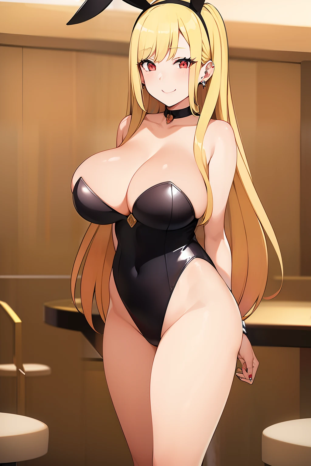 Masterpiece, Best quality, High Resolutions, Kitagawa Marine, 1girl, blonde hair, Long hair, multicolored hair, red eyes, jewelry, Earrings, piercing, large breasts, Rabbit ears, Playboy Bunny, casino, bare legs, Tray retention, poker chip, smile, big breasts, wide hips, wide thighs