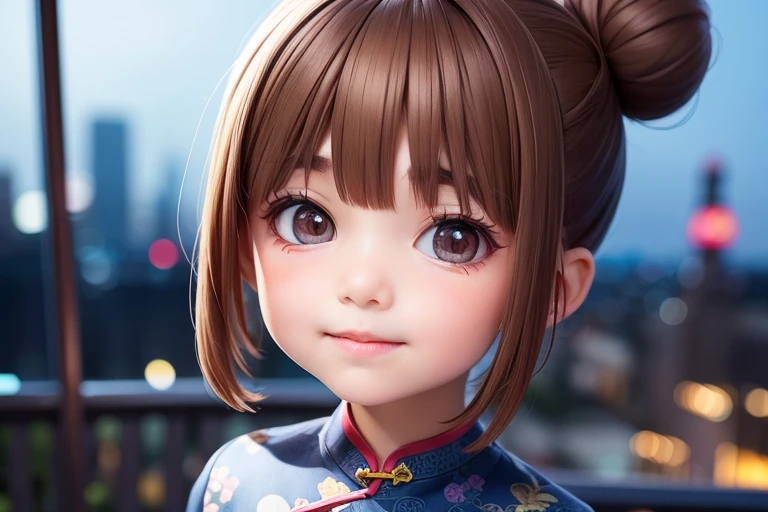 ((6year old girl:1.5)), ((Portrait)),1girl, , petite girl, whole body, children's body, beautiful shining body, bangs,((darkbrown hair:1.3)),high eyes,(darkbrown eyes), petite,tall eyes, beautiful girl with fine details, Beautiful and delicate eyes, detailed face, Beautiful eyes,natural light,((realism: 1.2 )), dynamic far view shot,cinematic lighting, perfect composition, by sumic.mic, ultra detailed, official art, masterpiece, (best quality:1.3), reflections, extremely detailed cg unity 8k wallpaper, detailed background, masterpiece, best quality , (masterpiece), (best quality:1.4), (ultra highres:1.2), (hyperrealistic:1.4), (photorealistic:1.2), best quality, high quality, highres, detail enhancement, ((hair bun:1.4)),
((tareme,animated eyes, big eyes,droopy eyes:1.2)),((random expression)),,random Angle,((navy blue cheongsam:1.4)),((thick eyebrows:1.2)),perfect,((manga like visual)),((blurry background)),perfect light,((night view of china city background))
