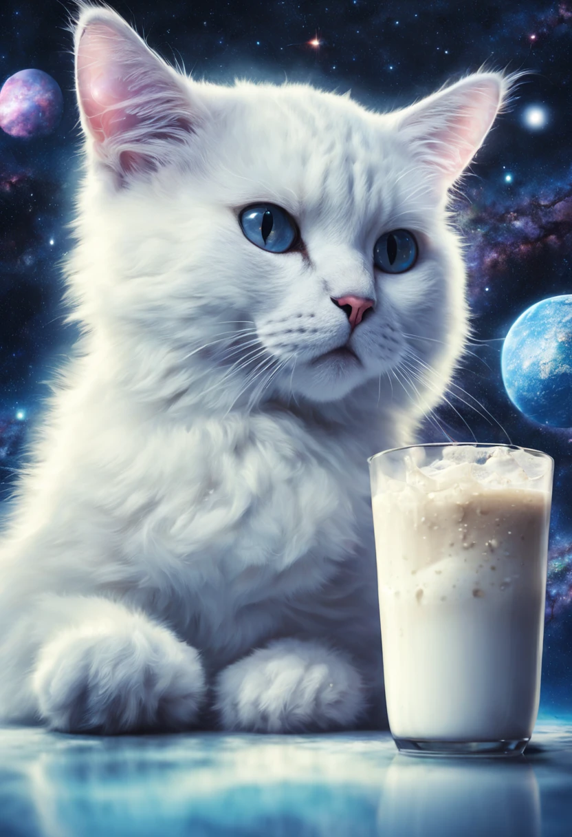 A white cat on the background of the Milky Way drinks milk with lights, Alien Planet