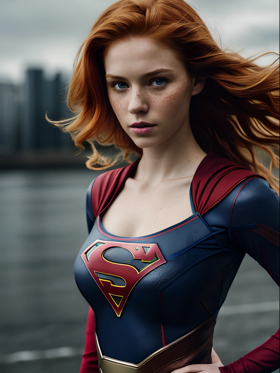 1girl in, age19, Solo, Aesthetic artwork, irish redhead, wavy ginger hair, shoulder length ginger hair, light grey eyes, some small freckles, pale skin, (B-cup, medium breasts), runners body, (textured skin, skin pores:1.1), (moles:0.8), imperfect skin, goosebumps, wearing Supergirl Batgirl costume, DC costume batgirl bikini, evening ocean sunset background, blury background, (action shot, kneeling, 1.25), (extremely detailed 8k wallpaper), (hard lighting), high quality, film grain, Fujifilm XT3 sharp focus, f 5.6, 50mm, High Detail, Sharp focus, (natural light), crazy details, complex details, hyperdetailed