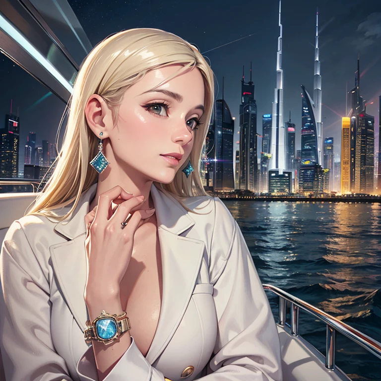 ​masterpiece、top-quality、High-quality images、hight resolution、8K、1lady、the detail、Detailed eye depiction、skin gloss、Lustrous hair、short black hair, bob hairstyle、Classy dress、Night Cruises、Night view from the boat、luxurious yacht, exquisite accessories, Cartier, Rolex, Birkin, jewelry, small chest, captivating conversation, happiness, modern cityscape, Dubai, Abu Dhabi, late afternoon light, ultra-realistic details, sharp focus, epic, breathtaking quality, vibrant, white clouds, subtle white particles, sun rays, soft glow
