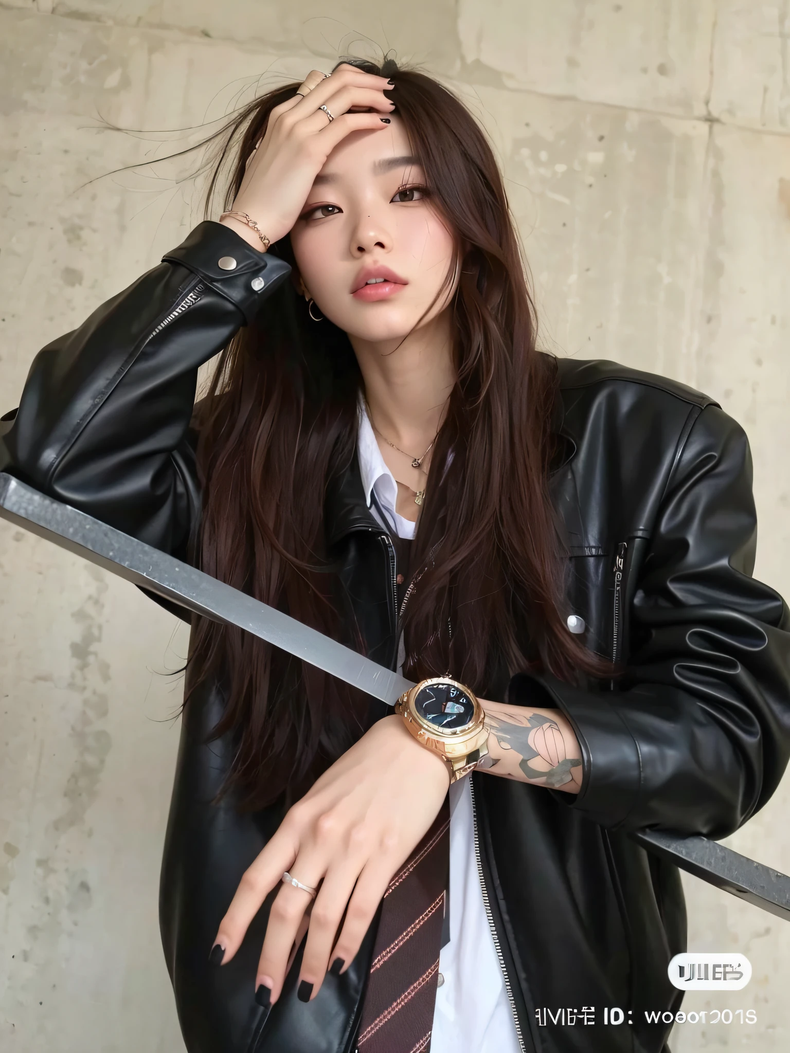 Woman in leather jacket holding a knife and looking at camera, Retrato de Jossi de Blackpink, Modelo de moda femenina coreana, Jossi de Blackpink, ulzzang, Jinyoung Shin, Ella lleva ropa de calle, Con chaqueta de cuero cyberpunk, very aesthetic leather jacket, Ella usa chaqueta de cuero, 🤬 🤮 💕 🎀, Heonhwa Choe