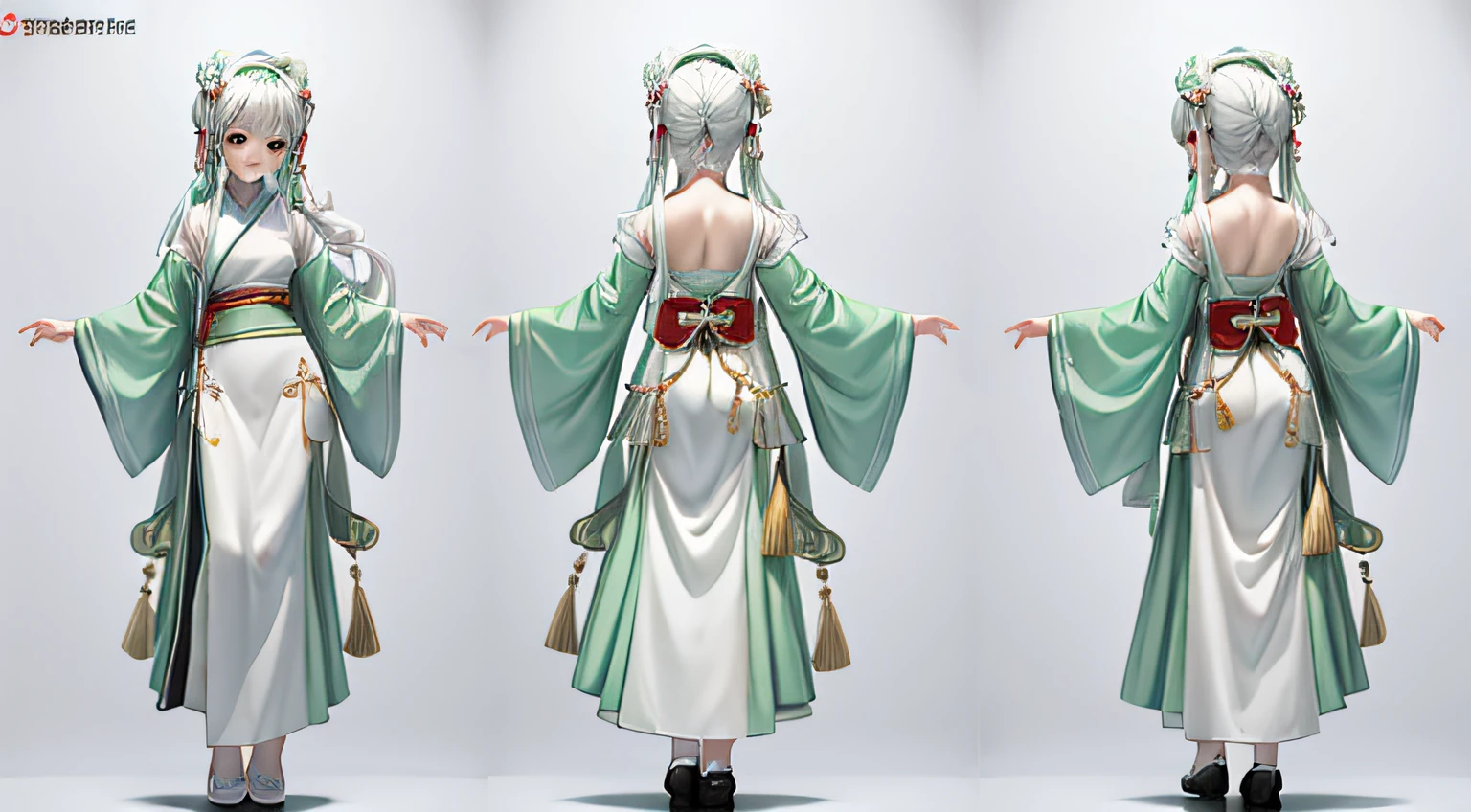 full bodyesbian, enerate three views,namely the frontview, side and back view,maintainingconsistency and unity, Super cute girl IP image, Chinese Hanfu,Green and white,a blind box toy,Clean background,Best quality,4K,Highly detailed --ar 16:9 --niji 5