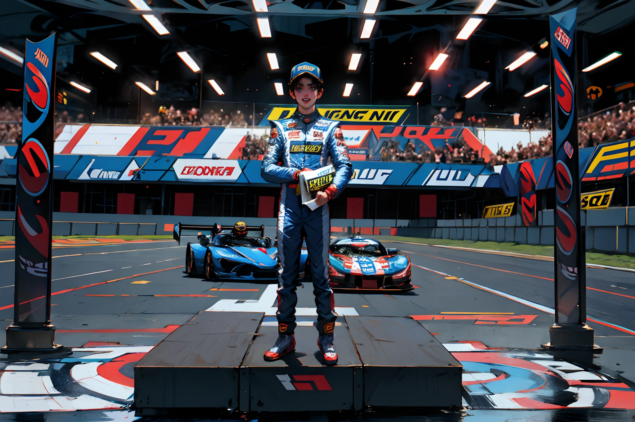Wear a racing suit，Stand on the podium at the race site，Champion drivers，Trophy and championship poster in hand，Handsome Asian boys。