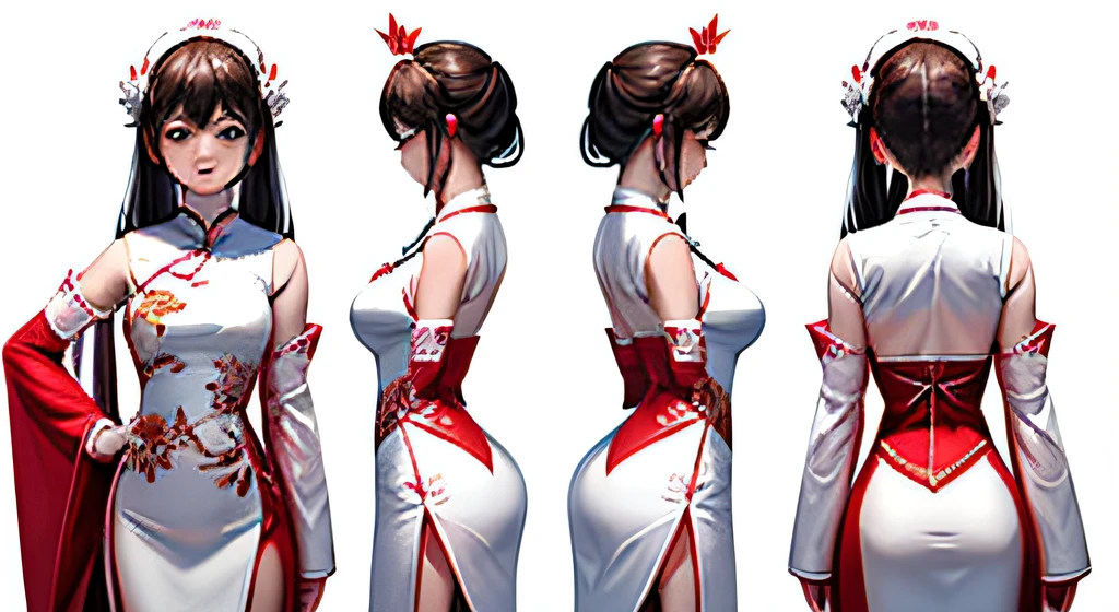 full bodyesbian, enerate three views,namely the frontview, side and back view,maintainingconsistency and unity, Girl's IP image, White Chinese cheongsam,With a maple leaf pattern,Red and white against a clean background,Best quality,4K,Highly detailed --ar 16:9 --niji 5