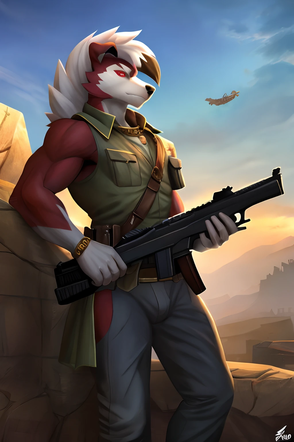 seguro, Beautiful, incredible, impressionante, poster, sozinho, (Twilight Lycanroc), antro, Clothes, usando roupas da segunda guerra alemanha, general, soldado, jaqueta de couro, with a gun in hand, pistol, perfect gun, com chapeu de general, Pants, Antecedentes detalhados, cidade, Outside, corpo fisico forte, grande peitorais estufados marcado na roupa de guerra alemanha grandes, macho, man, men