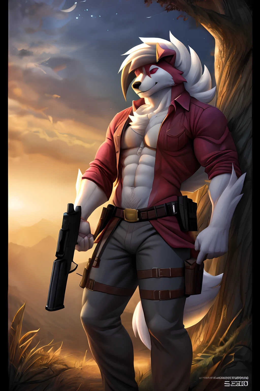 seguro, Beautiful, incredible, impressionante, poster, sozinho, (Twilight Lycanroc), antro, Clothes, usando roupas da segunda guerra alemanha, general, soldado, jaqueta de couro, with a gun in hand, pistol, perfect gun, com chapeu de general, Pants, Antecedentes detalhados, cidade, Outside, corpo fisico forte, grande peitorais estufados marcado na roupa de guerra alemanha grandes, macho, man, men