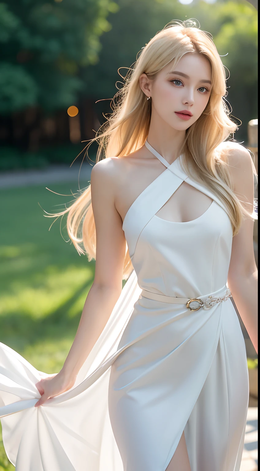 "Generate a high-quality image featuring a blonde woman with fair skin, adorned in an elegant white dress cinched with a belt that accentuates her slender waist. The impeccable application of her makeup should highlight her features, contributing to an overall glamorous and sensual appearance. Carefully arrange the lighting to play with shadows and highlights, adding depth and sophistication to the composition. The woman, posing in a way that exudes feminine allure, should be the focal point, with the background artistically blurred using techniques like soft bokeh. Employ a skillful use of camera effects and a refined color palette to create an aesthetically pleasing and sensually captivating image."