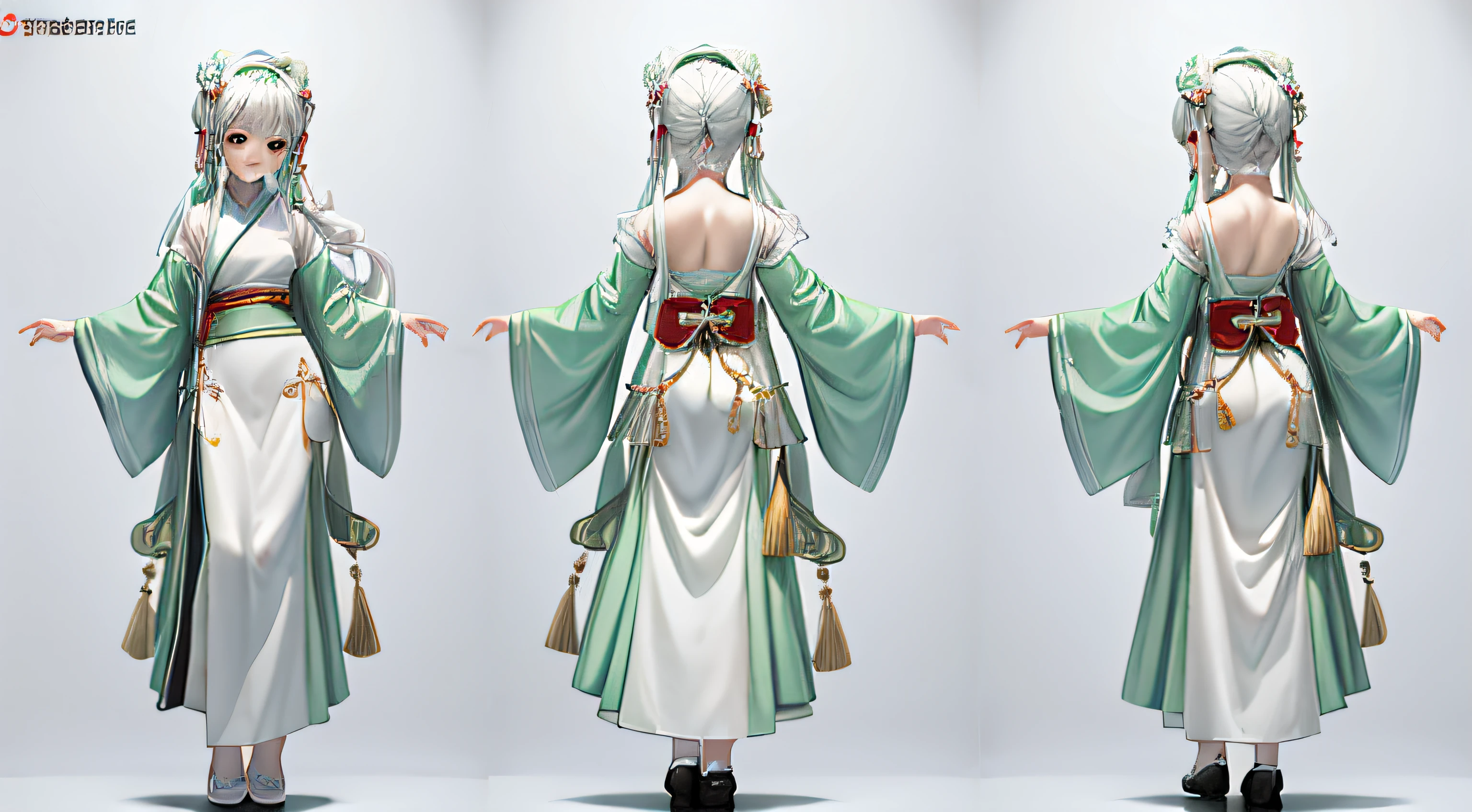 full bodyesbian, enerate three views,namely the frontview, side and back view,maintainingconsistency and unity, Super cute girl IP image, Chinese Hanfu,Green and white,a blind box toy,Clean background,Best quality,4K,Highly detailed --ar 16:9 --niji 5