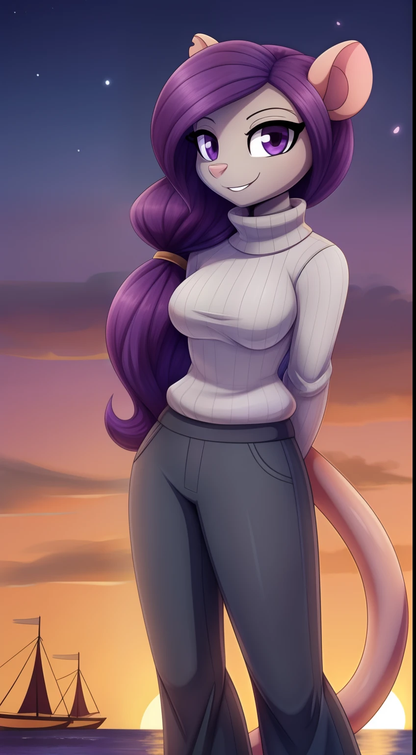 Rat,1girl,gray colored skin,long curly hair hair,purple hair,masterpiece,best quality,sunset,wide-leg pants ,barefoot,purple eyes, medium breasts, tall stature, long tail, ,no makeup,expressionless,misosouperstar art style,old port scene,looking at the viewer,smile, standing still, frontal focus,steel collar, tied hair,gray skin, gray fur,tied hair, messy ponytail,big peach coloured turtleneck sweater,
