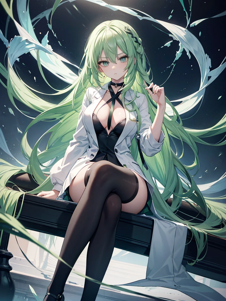 1girl, anime girl, green emerald hair, very long hair, green emerald eyes, perfect body, cold beauty, ice queen, mature woman, mature look, mature appearance, mature body, long legs, big breasts, high quality, long black stockings, white doctor coat, black skirt, black heel, black choker, slender body, arrogant expression, disinterested expression, dominant expression, dominant appearance, intelligent appearance, goddess, mature face, slightly curly hair, 4k wallpaper, scientist clothes, doctor clothes, sitting cross-legged, masterpiece, extremely beautiful detailed anime face