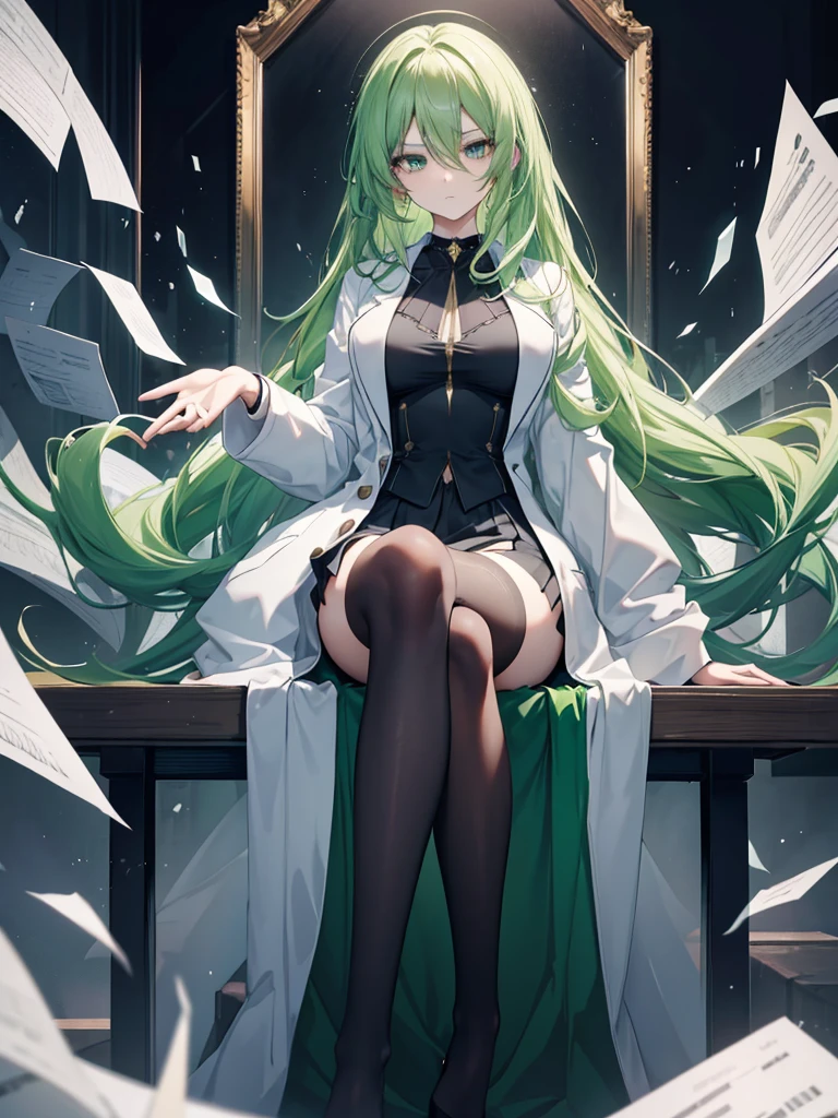 1girl, anime girl, green emerald hair, very long hair, green emerald eyes, perfect body, cold beauty, ice queen, mature woman, mature look, mature appearance, mature body, long legs, big breasts, high quality, long black stockings, white doctor coat, black skirt, black heel, black choker, slender body, arrogant expression, disinterested expression, dominant expression, dominant appearance, intelligent appearance, goddess, mature face, slightly curly hair, 4k wallpaper, scientist clothes, doctor clothes, sitting cross-legged, masterpiece, extremely beautiful detailed anime face