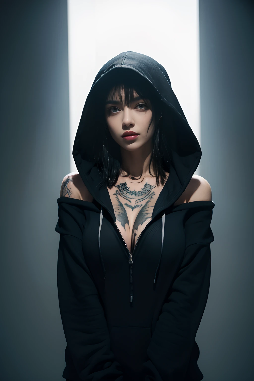 ultra high res, masterpiece, best quality, perfect glossy shiny skins, perfect lighting, detailed lighting, dramatic shadows, ray tracing, 1girl, black sweater, looking at viewer, off shoulder, Big breasts, Exposed cleavage, blue Eyes, sharp face, sharp eyes, long bangs, short cut hair, nsfw, , ((Dark background)), oversized hoodie, Wearing a black hoodie, Wearing an ugly black hood, wet (sweaty, soaking wet),(( tattoos on the arms)) , open mouse,