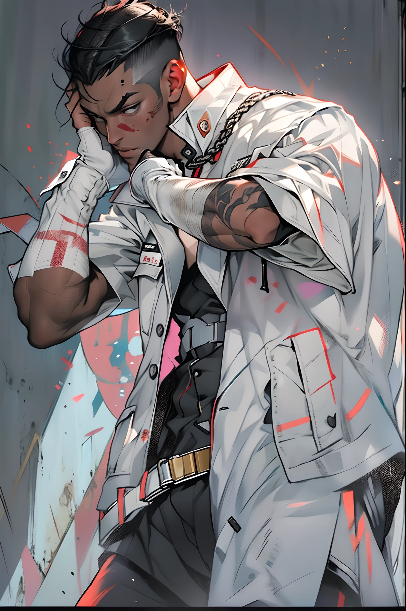 (Higher resolution, distinct_image) A person of the best, Masterpiece, Highly detailed, Half realistic, black man with short hair, Central hair, 18 years old, Young, Tall and strong, Pure white clothes, white uniform, Military uniforms, Military academy, distracted, unrestrained, Handsome, Domineering, Powerful aura, satan, angel, Fine facial features, Facial details,