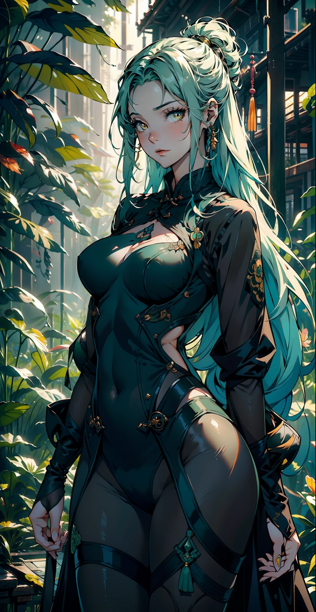 1female,25 yers old,A MILF,medium breast,独奏,(Background with:hospitals,the rainforest,lotus flower,Sateen) She has long green hair,bobo head,,seen from the front, standing in forest, mostly cloudy sky,(((tmasterpiece),(Very detailed CG unity 8K wallpaper),best qualtiy,cinmatic lighting,detailed back ground,beatiful detailed eyes,Bright pupils,yellow eyes,Snow-whiteskin,(Very fine and beautiful),(Beautiful and detailed eye description),ultra - detailed,tmasterpiece,))facing at camera,A high resolution,ultra - detailed),extremely large bosom,A sagging breast,revealing breasts,Bare genitalia, Bulge,legs are open,Raised sexy,,Flushed complexion,Desire for dissatisfaction,frontage,(Wearing: Green cheongsam, pantyhose, long gloves)