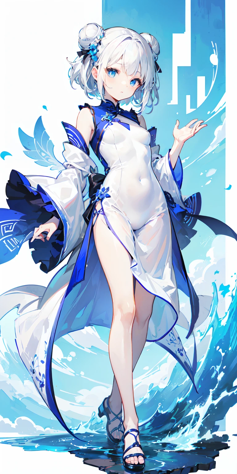 (Highest image quality, high resolution, Masterpiece, Masterpiece, Maximum level, high resolution) (Drawing: Whole body) (number of people: 1 person) (gender: Slender, Nice and beautiful girl) (age: Little girl, 10 years old) (Skin color: Gorgeous white) (Hair color : Delicate white hair, Silver) (Hairstyles: Medium hair, Big buns) (Face: Anime face, beautiful lovely) (Eyes: Deep and sparkling blue, slanty eyes) (Mouth: Slightly open) (Body type: Short stature, Slender, Medically correct, Young breasts, small ) (Limb shape: Slender, Medically correct limbs, 5 fingers) (Clothing: Short white cheongsam) (colors of clothing: Transparent, transparent white ) (Clothing pattern: Intricate blue pattern) (Clothing movement: Waving in the wind) (Posture: Stand behind your back with your hands folded)
