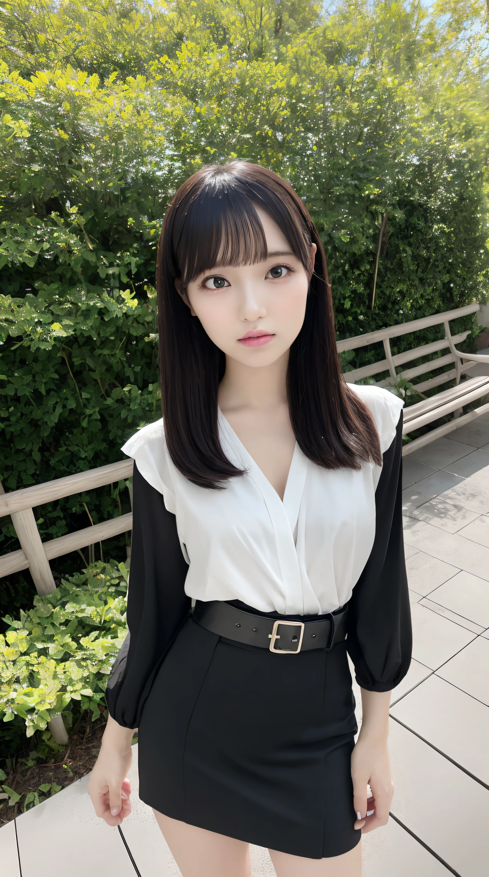 (Best Quality, masutepiece, Ultra HD: 1.3,high brightness, high saturation), 1girl in, （middlebreasts）, light brown hair, Asymmetrical hair, straight haired, Long hair, （ slender body shape, Constricted waist）, （Ultra Fine Face）, Delicate lips, （beautidful eyes）, thin blush, eyes are brown, perfect glossy skin, View here, （ hide one's hands）, （Sitting on a bench）, （thin and long legs, Thighs and toes:1.5), See-through white blouse, White tight skirt, （White pumps）, (a japanese girl, hposing Gravure Idol), Broad-leaved forest, NIKON, 135 mm, F/16