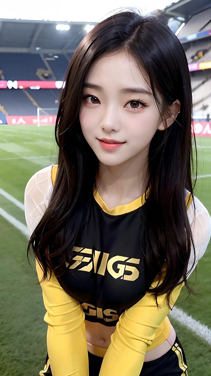 (Best Quality, 4K, Masterpiece: 1.3), Pretty Korean Woman, 1girl, Sexy: 1.1, Long Dark Black Hair: 1.1, Woman in Tight Football Suit, Malaysian Yellow Football Girl Tight Jersey, Ultra-detailed Face, Detailed Lips, Delicate Eyes, Double Eyelids, ((Black Short Pants)), Big Breast, (W cup), Woman Age 20, In Football Field, Clothes Girl Tight, Breast Girl Stand Out, Girl Smiling, Breast Girl Looming Out