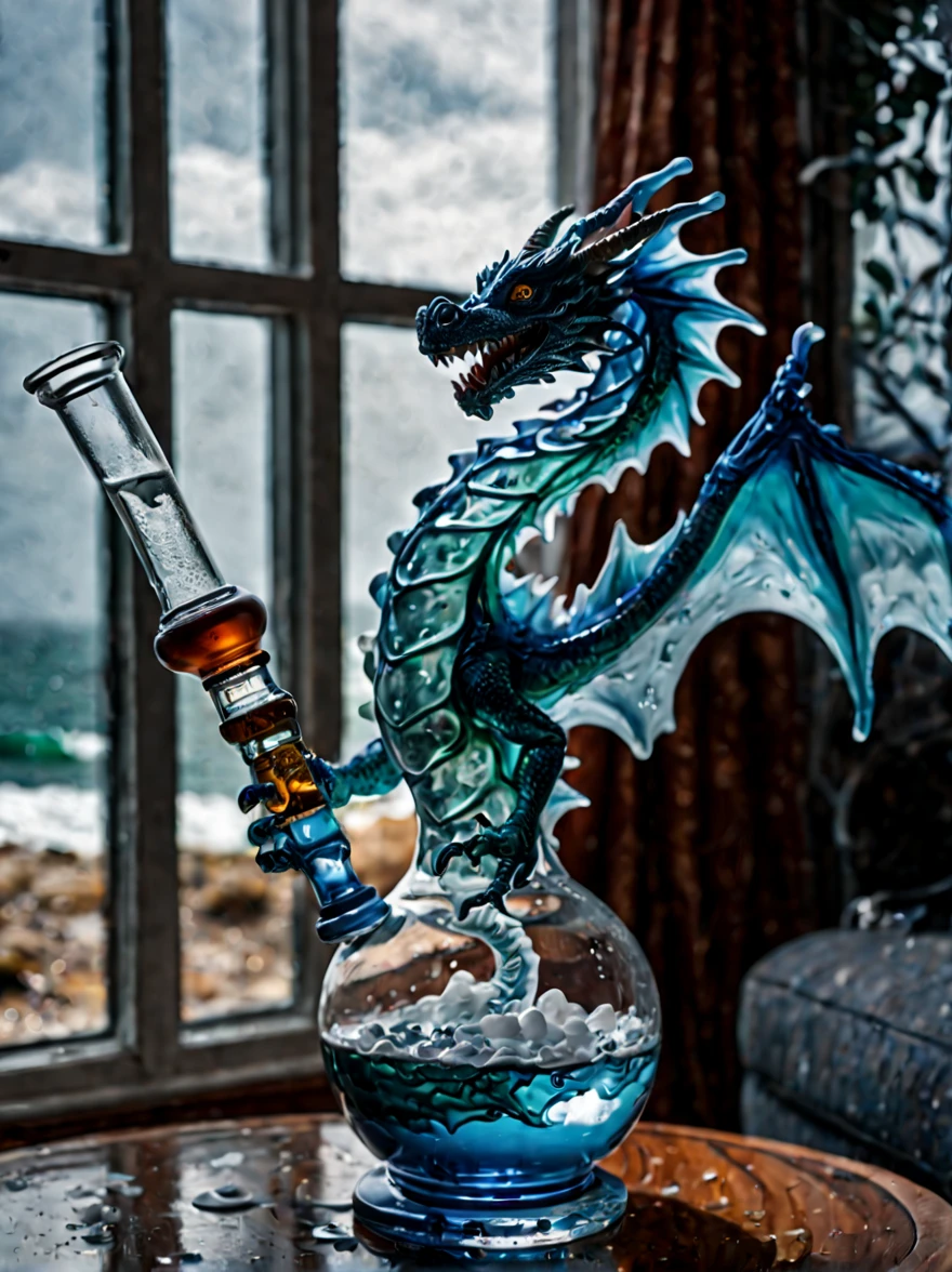 (Highest Quality, 4k, masterpiece, Amazing Details:1.1) photo of glass dragon bong depicting an ice dragon in front of couch next to open window showing a stormy sea, frost on glass, Fujifilm XT3, photography. The belly is the water chamber,  it has an attached bong bowl, downstem, percolator, ice chamber, and splash guard.