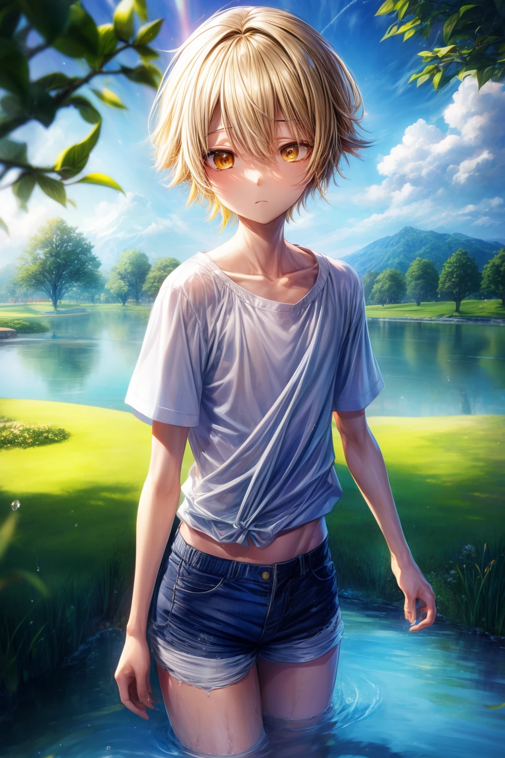 Best quality, 超高分辨率, 1 boy, golden yellow hair, The eyes of the water are blue, short and thin body, wearing a white shirt and shorts, ((shyexpression)), In the orchard