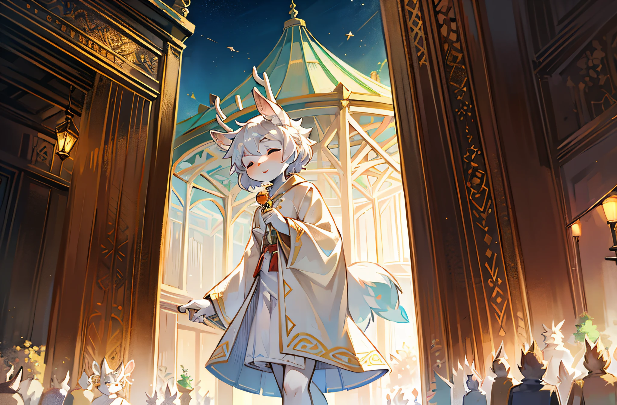 A white deer,deer antlers,Pavilion,White robe,Holding a golden umbrella,Shota,adolable,crowd of,having fun,Close your eyes,eventide,flowing robe,gentleness,Green decoration,Short ears,inner ear fluff