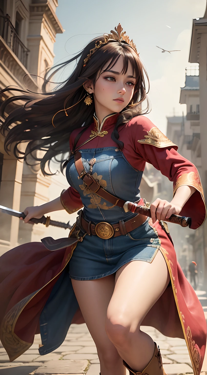 Best Quality, masutepiece, ultra-detailhigh-resolution, (Realistic: 1.4), Watercolor style, Illustration, Dazzling background color,, Skinny Girl with Weapons, (solo exhibition: 1.2), (denim lens: 1.2), (Hair crown: 1.2), (dark brown hair,Traditional Chinese Dunhuang costumes, No strap, (Red Eyeliner: 1.2), (: 1.4), (Accurate Hand Modeling),earrings, Dynamic Angle, Opera House, Messy_long_hair, inky, movie lights, lens_f lare, velvet, chrysanthemums, tassels, bow ribbon, Color embroidery,long boots,Photograph the whole body,Dance of the Sword,Holding a sword in his right hand,Camera work shot from a distance,