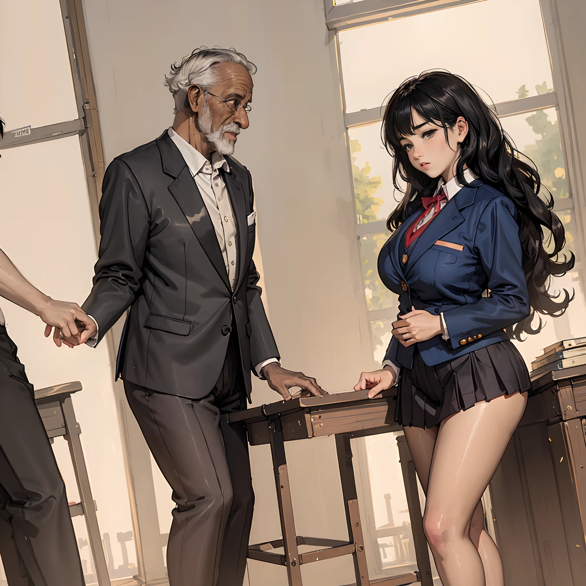 Unbeatable masterpiece, ultra realistic 8k cg, Perfect artwork, perfect women figure, having sex, cock inside pussy is very visible, dramatic shadow,Ray tracing)，(A beautiful teacher:1.2)，(Women's professional uniform:1.2)，Curly hair in waves，blackstockings，in a office，seen from the side，Leaning against the table，(Being touched by an old man in a suit:1.5)，(beautifullegs:1.2)，nice leg line，huge tit，fat hips，Desire for sex，Reddened face，weeping，Confused eyes