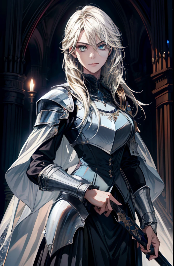 (absurd, high resolution, super detailed), masterpiece, (absurdres: masterpiece, (absurdres:1.1), best quality, extremely delicate, (beautiful face:1.1), elegant, (great composition), bags under eyes, (dark:1.1), arafed image of a woman in a knight costume holding a sword, portrait of female paladin, inspired by Li Chevalier, portrait knight female, gorgeous female paladin, Victorian era black uniform girl, crisp clear rpg portrait, female paladin, highly detailed exquisite fanart, female knight, elisha cuthbert as a d&d paladin, dressed in light armor blonde blue eye