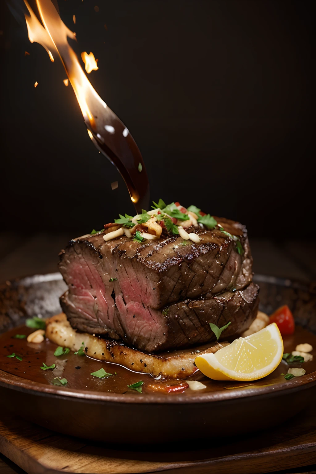 luscious, Hot and appetizing steak, Scattered on the sides, with vivid details and high detail, cinematic style with HDR effect, created with Adobe Lightroom.