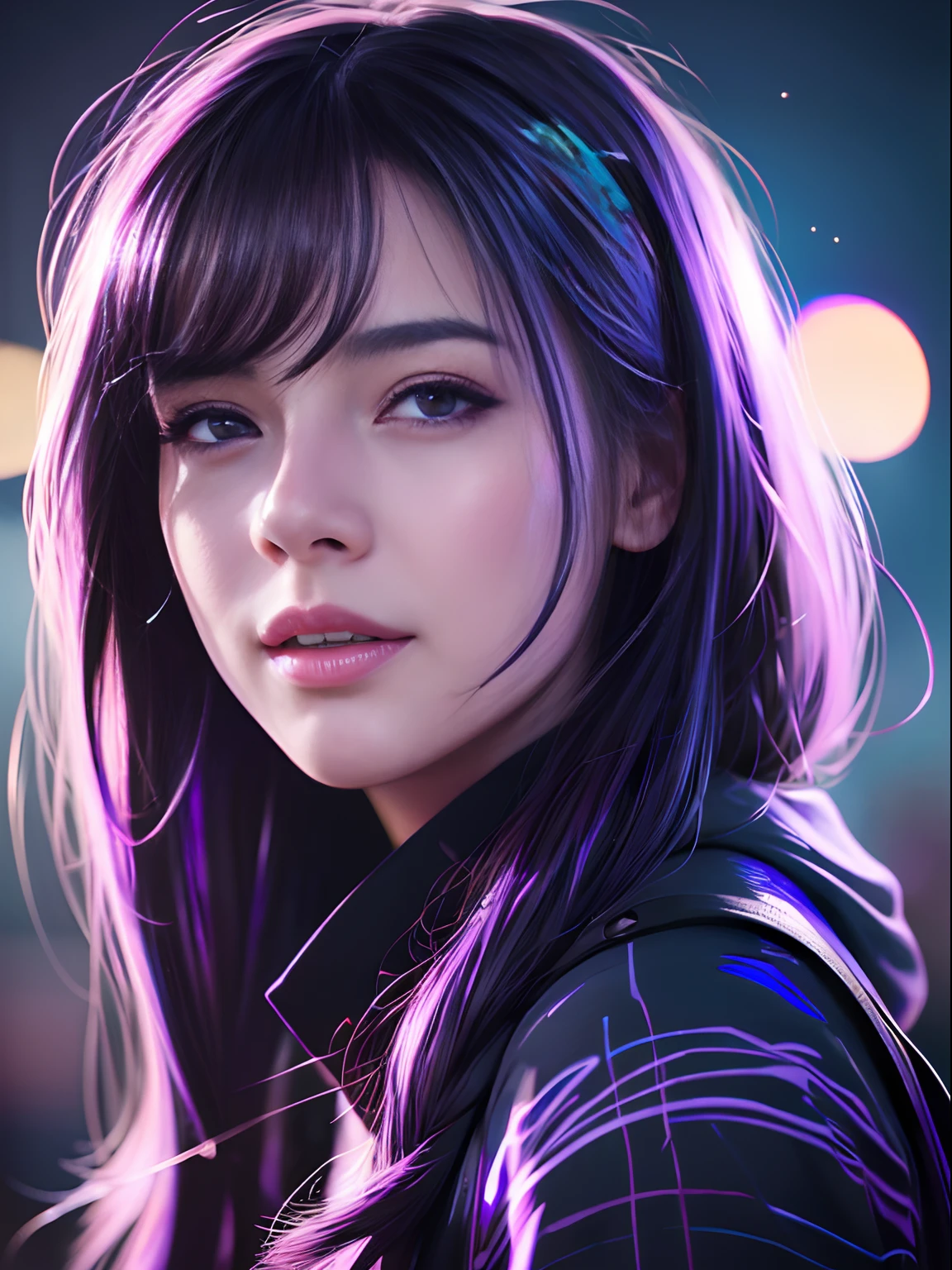 happy girl, Centered, Looking at the camera, Approaching perfection, Dynamic, Violet hue, Highly detailed, Digital Painting, Art Station, Concept art, Smooth, Sharp Focus, Illustration, art by carne griffiths and wadim kashin, Detailed face, 4K