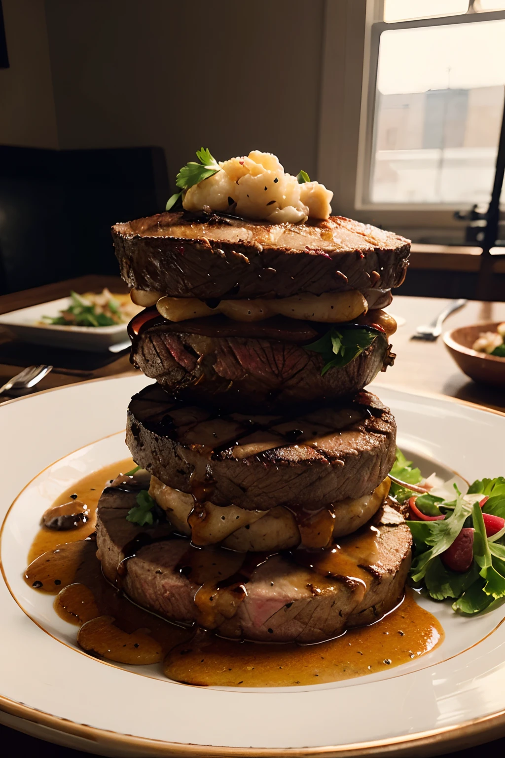 luscious, Hot and appetizing steak, Scattered on the sides, with vivid details and high detail, cinematic style with HDR effect, created with Adobe Lightroom.