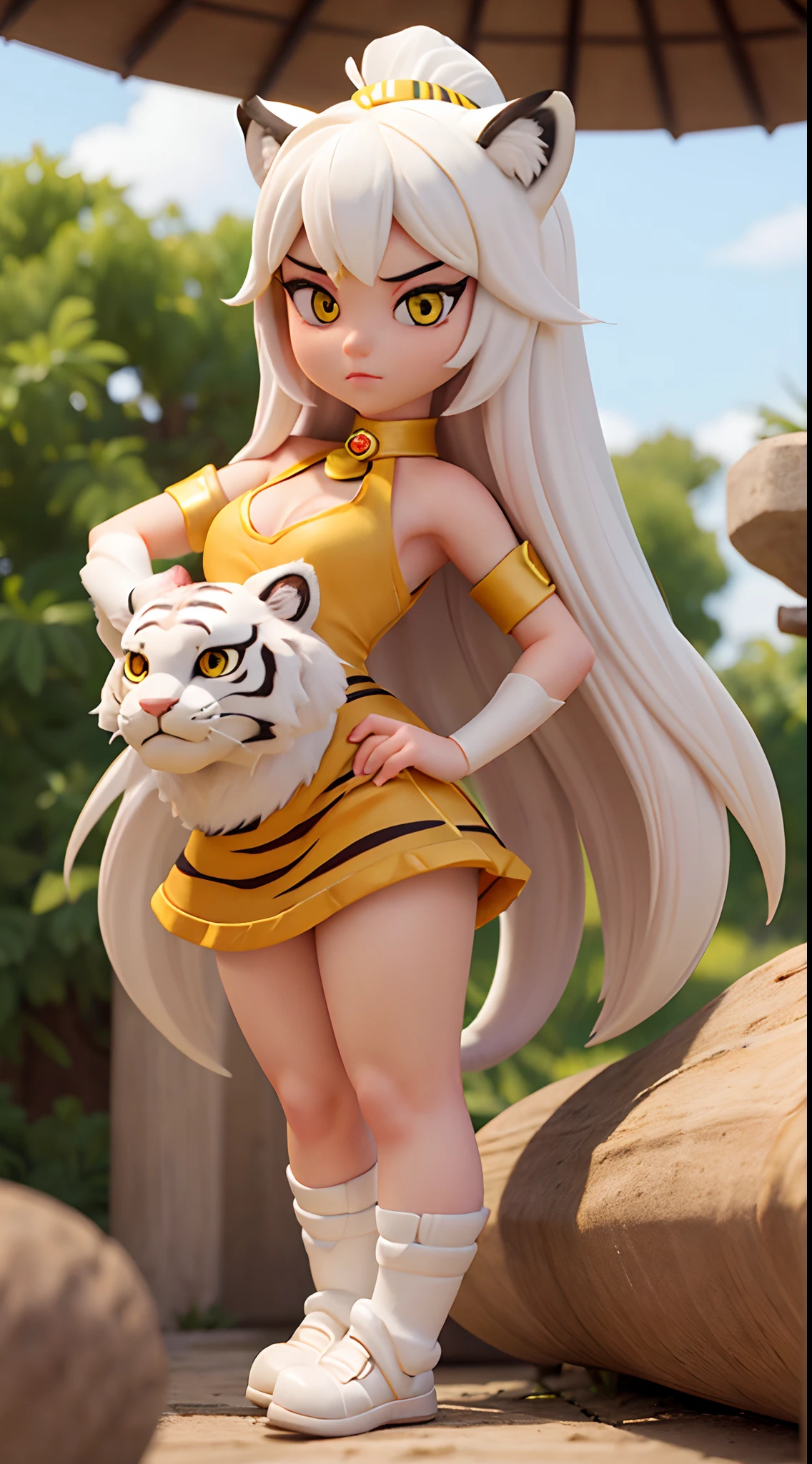 She is very beautiful because she is a white tiger beastman、white and beautiful skin、Yellow eyes、Big eyes、tiny chest、Tiger tail、tchibi、Mega Mini、Megachibi、sexypose