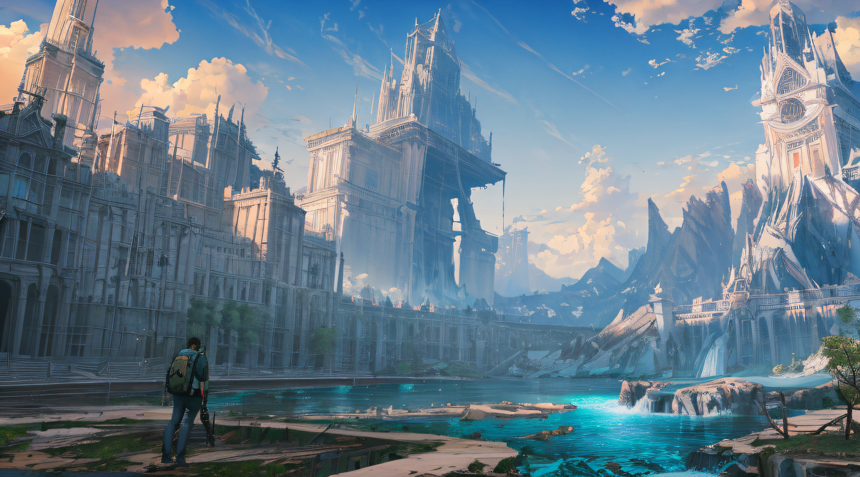 Masterpiece, high detail, 8K resolution, ConceptArt, scenery, water, sky, day, tree, cloud, waterfall, outdoors, (ruined civilization building), nature, river, blue sky, 1 man, backpack trousers, a wanderer, (wolf)