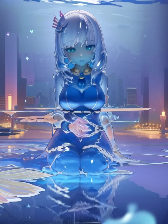 Reine, (Masterpiece,Best Quality,Ultra-detailed,Best illustration:1.3), 1girl, (slime girl:1.3), ( Transparent:1.3), (Transparent:1.1),sitting, White Highhayes, (refraction,reflection:1.1) , transparent face,transparent body,transparent skin, (Exterior color: Blue:1.2)