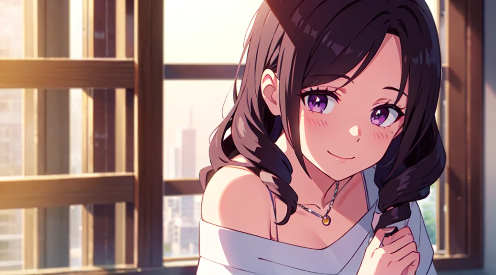 Masterpiece, One young lady (solo), very long wavy curly brown hair, parted hair and forehead show, Have twin drills hair on the sideface. Have purple eyes. With purple eyeshadow. Smiling and blushing. She wear off shoulder white blouse. wearing silver crescent necklace. Close up view. Window.