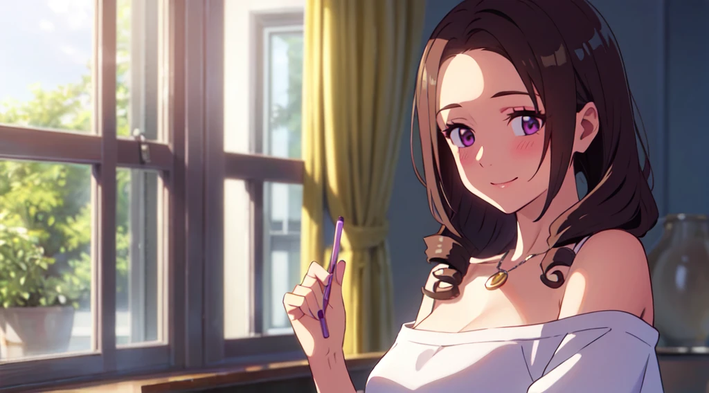 Masterpiece, One young lady (solo), very long wavy curly brown hair, parted hair and forehead show, Have twin drills hair on the sideface. Have purple eyes. With purple eyeshadow. Smiling and blushing. She wear off shoulder white blouse. wearing silver crescent necklace. Close up view. Window.