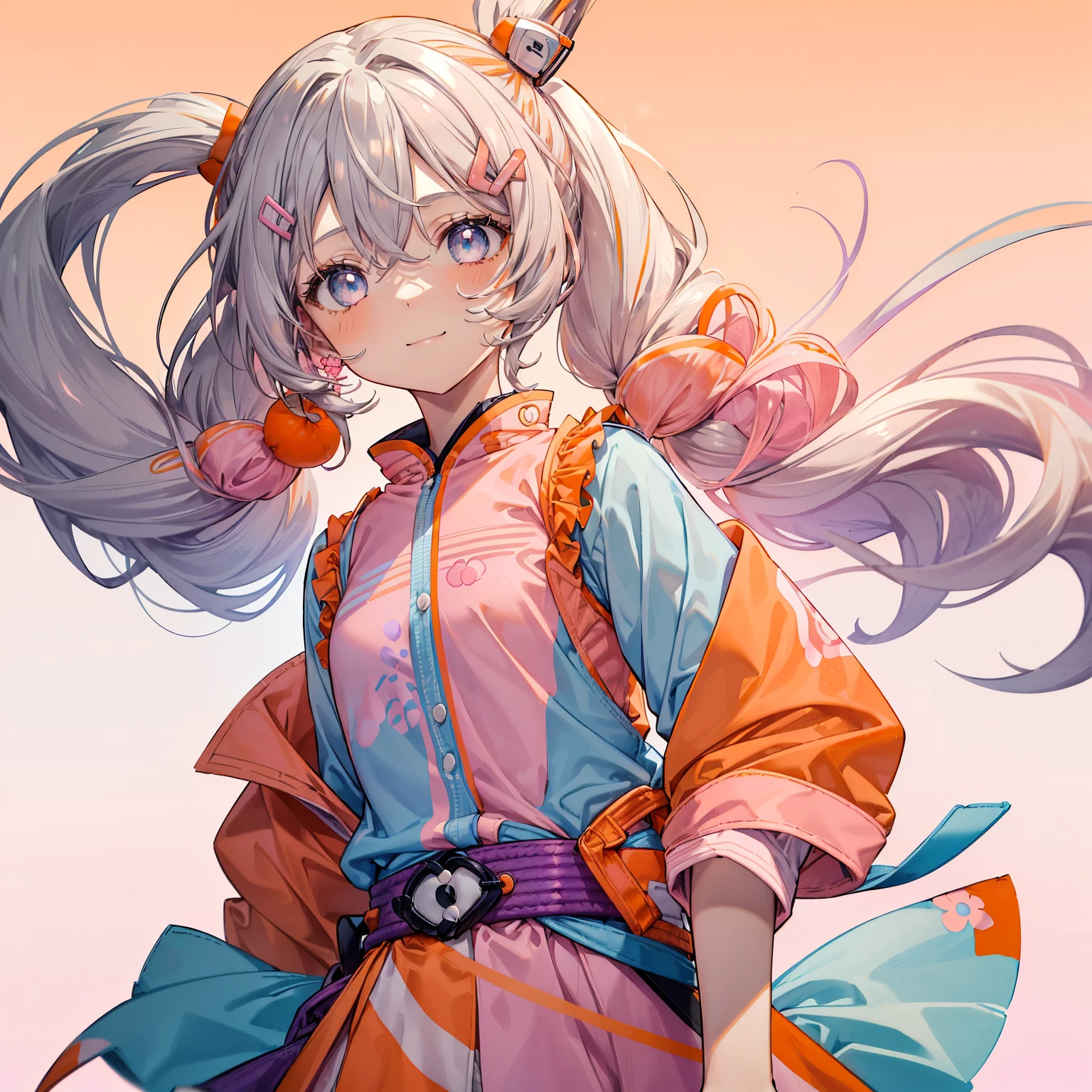 1girl, solo, female focus, female, girl, masterpiece, best quality, high quality, (gray hair color:1.3), long hair, wavy hair, hair between the eyes, (low pigtails:1.25), (blue eye color:1.3), looking at viewer, flatchested, shut up, closed mouth, light smile, smile, smiling, (light blue shirt:1.3), (orange and pink haori, orange and pink jacket, orange and pink hip-length jacket:1.5), (blue hairclips, light blue skirt, purple belt:1.75), thin body, (tan skin:1.5), colored skin, (white background:1.65), (upperbody, half-body adaptable, upper-body, head, chest:1.5), perfect hands, ((middle-centered)),