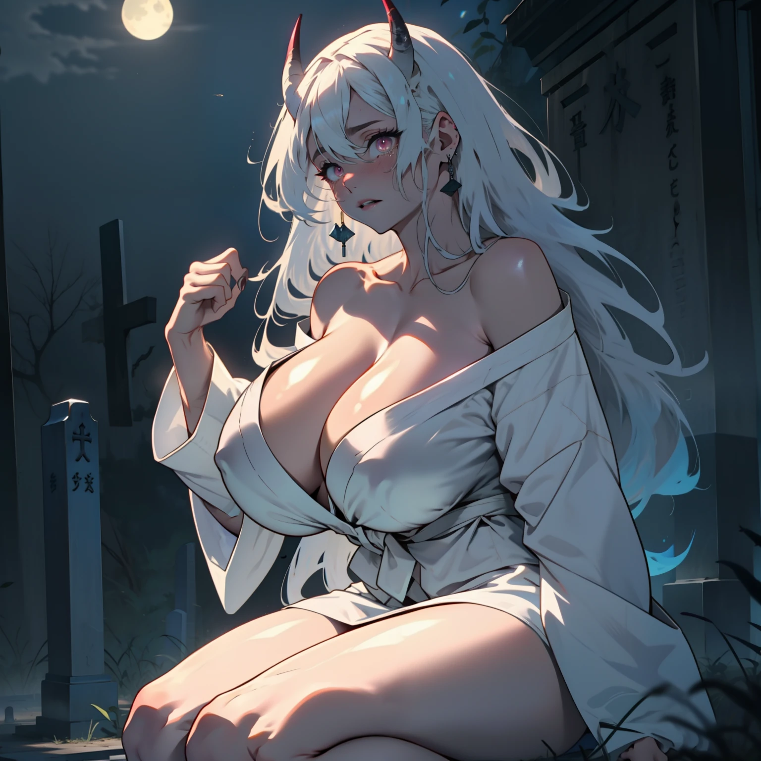 1girl,solo,huge breasts, ghost costume , (hitodama) ,night, tombstone, graveyard,,, long sleeves, very long sleeves, , ghost, ultra pale skin,, off shoulder, cleavage, no bra, extremely long white hair, lying on geound in graveyard, bare legs, tattered clothes, curvy wide hips, massive breasts, chubby thighs, beautiful pink eyes, top down. Looking down, crying, mascara, with white Oni horns, massive breasts, giant tits